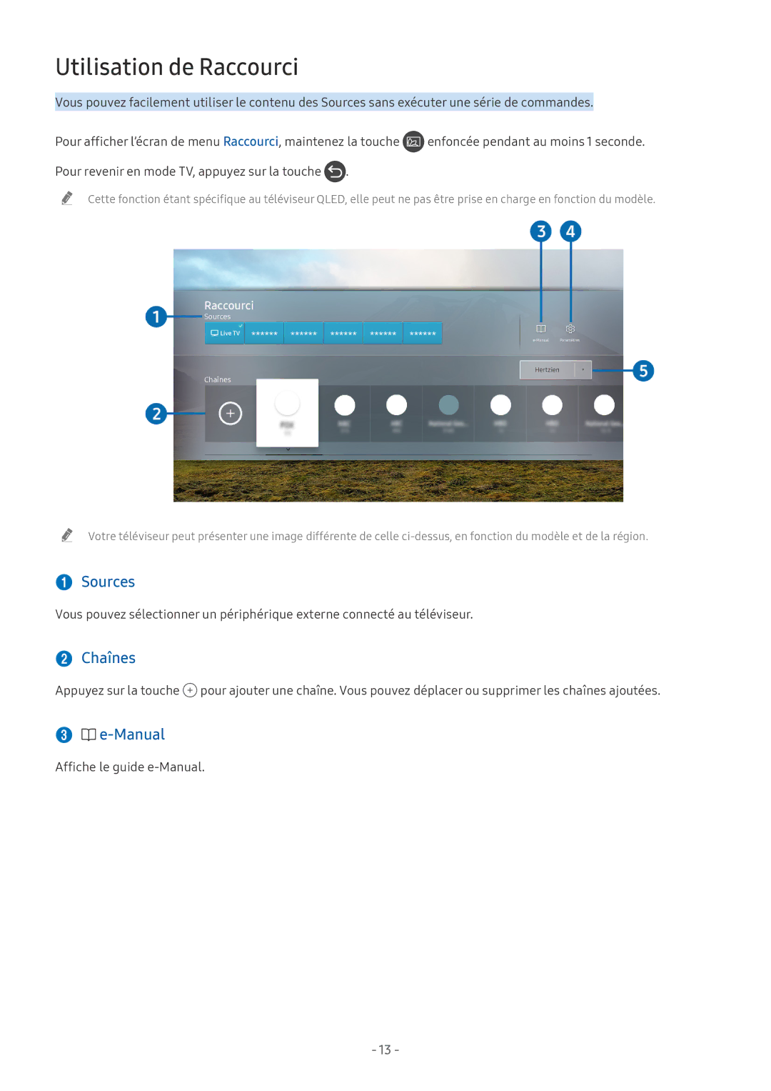 Samsung UE75NU7175UXXC manual Utilisation de Raccourci,  Sources,  Chaînes, Manual, Enfoncée pendant au moins 1 seconde 